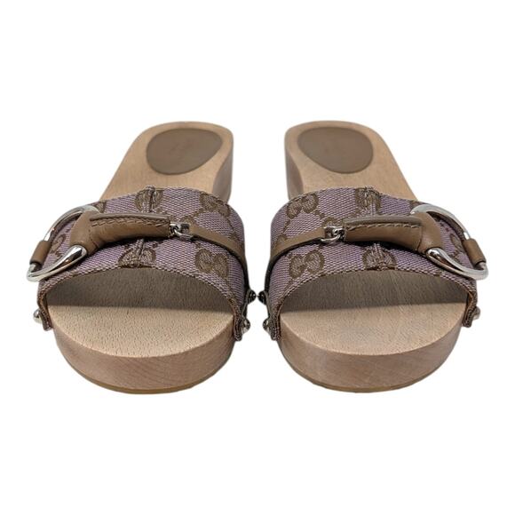 Vintage Gucci Horsebit Wood Clog Slide Flat Sandal GG Monogram Beige Pink 36.5 - Picture 5 of 12
